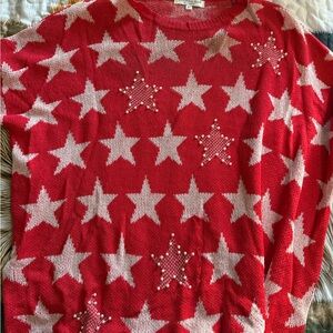 Chic Soul Red and White Star V-Neck Sweater